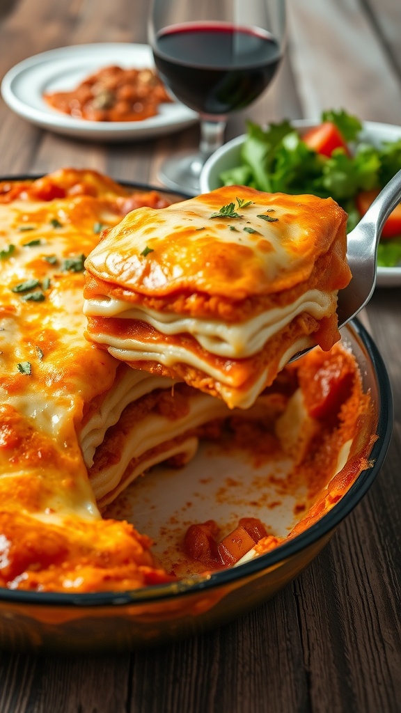 A delicious golden-brown lasagna with bubbling cheese and rich tomato sauce, served on a rustic wooden table.